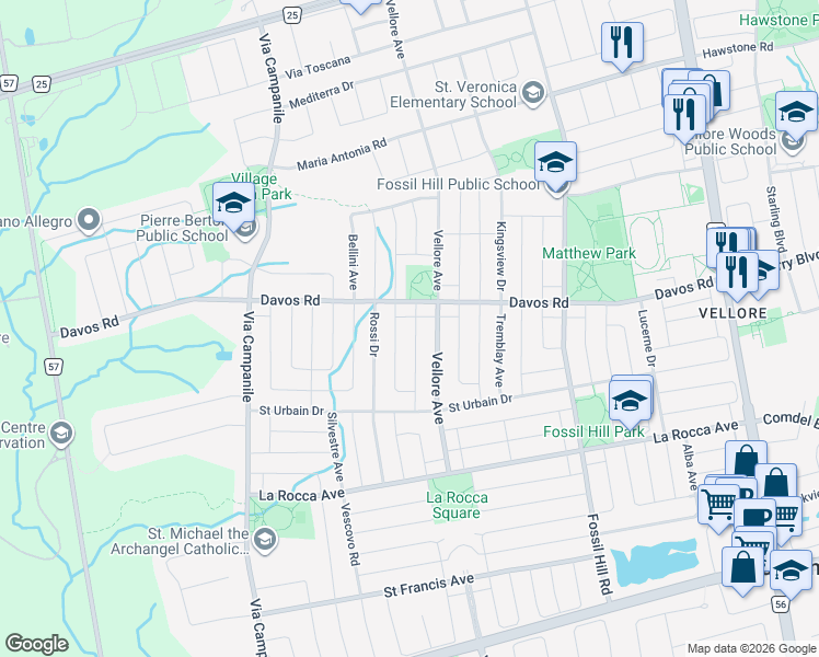 map of restaurants, bars, coffee shops, grocery stores, and more near 84 Rosario Drive in Vaughan