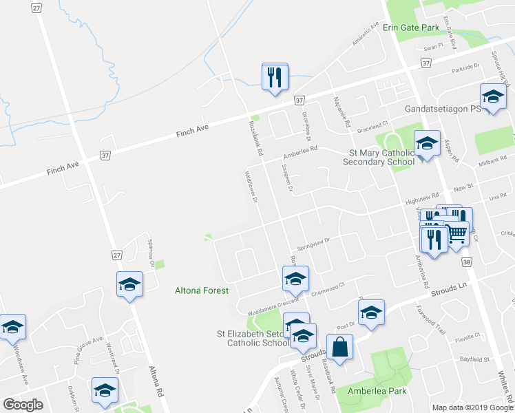 map of restaurants, bars, coffee shops, grocery stores, and more near 1928 Wildflower Dr in Pickering
