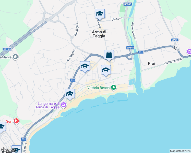 map of restaurants, bars, coffee shops, grocery stores, and more near 74 Via della Cornice in Arma di Taggia