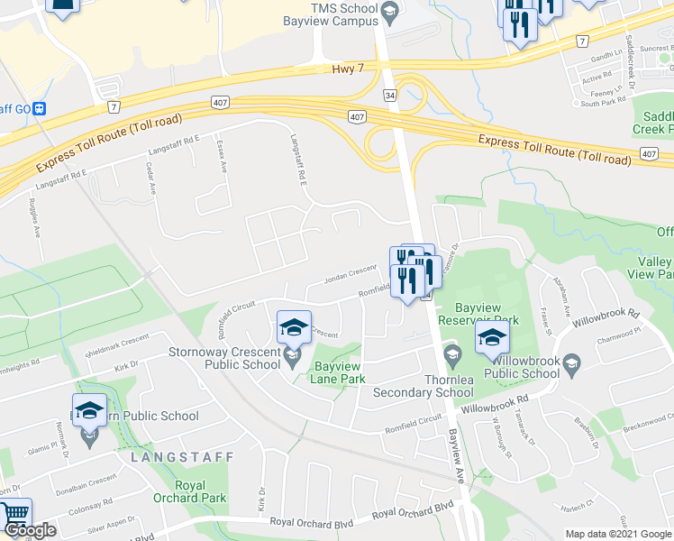 map of restaurants, bars, coffee shops, grocery stores, and more near 24 Jondan Crescent in Markham