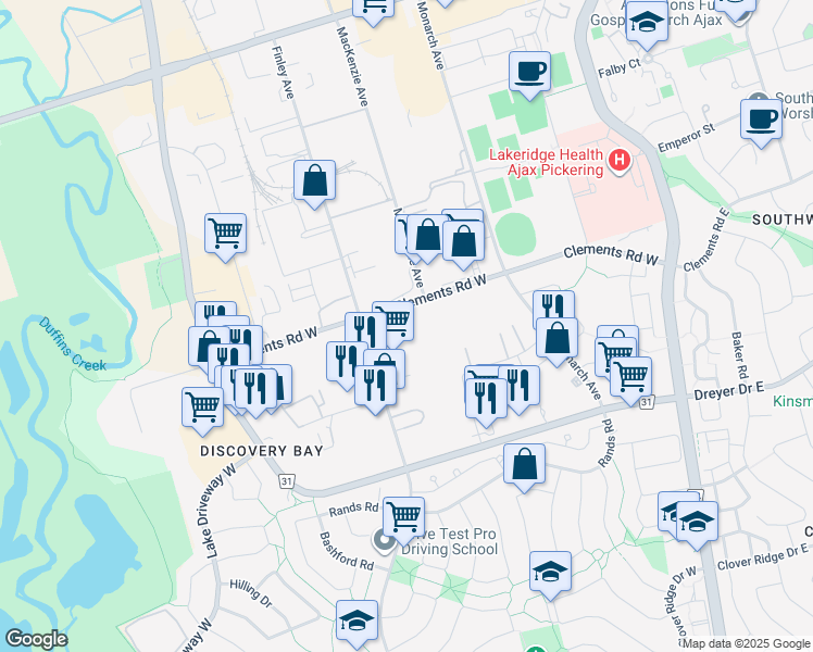 map of restaurants, bars, coffee shops, grocery stores, and more near 295 Clements Road West in Ajax