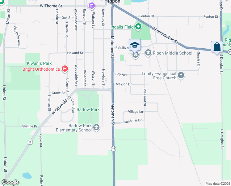 map of restaurants, bars, coffee shops, grocery stores, and more near 971 Metomen Street in Ripon