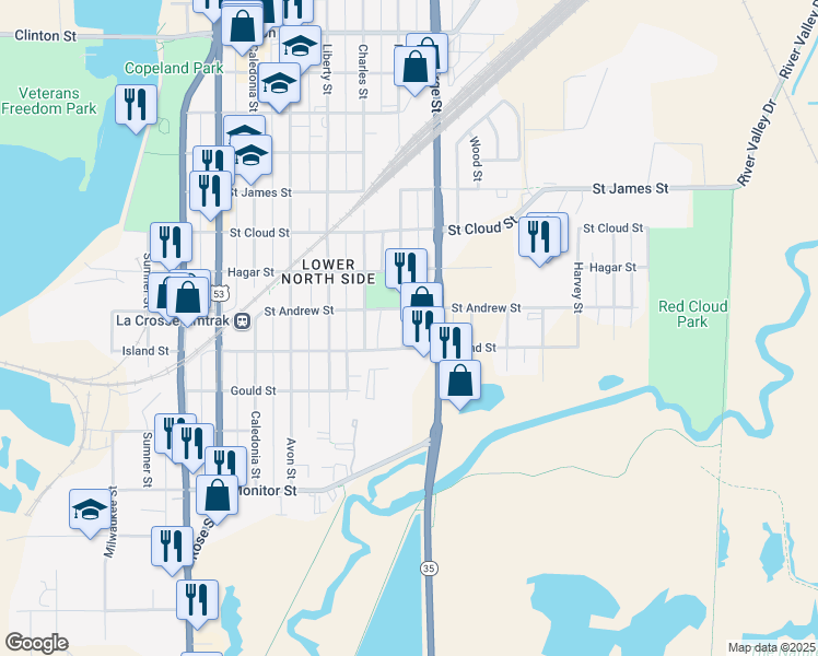 map of restaurants, bars, coffee shops, grocery stores, and more near 516 Kane St in La Crosse