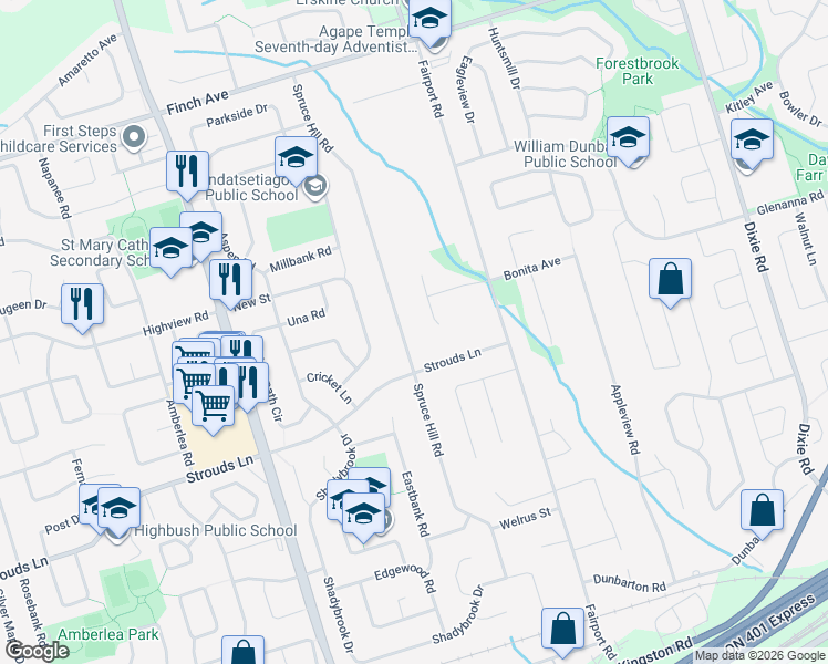 map of restaurants, bars, coffee shops, grocery stores, and more near 1867 Spruce Hill Road in Pickering