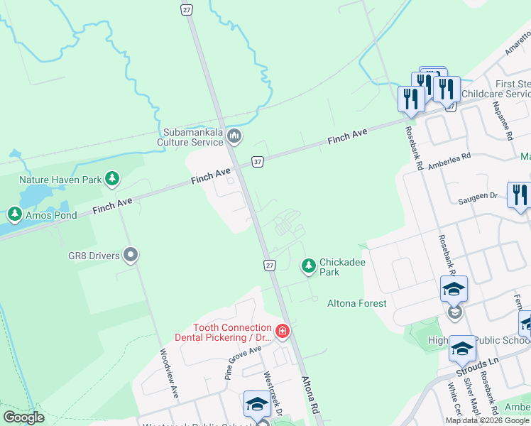 map of restaurants, bars, coffee shops, grocery stores, and more near 1965 Altona Road in Pickering