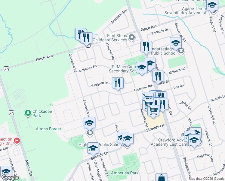map of restaurants, bars, coffee shops, grocery stores, and more near 679 Highview Road in Pickering