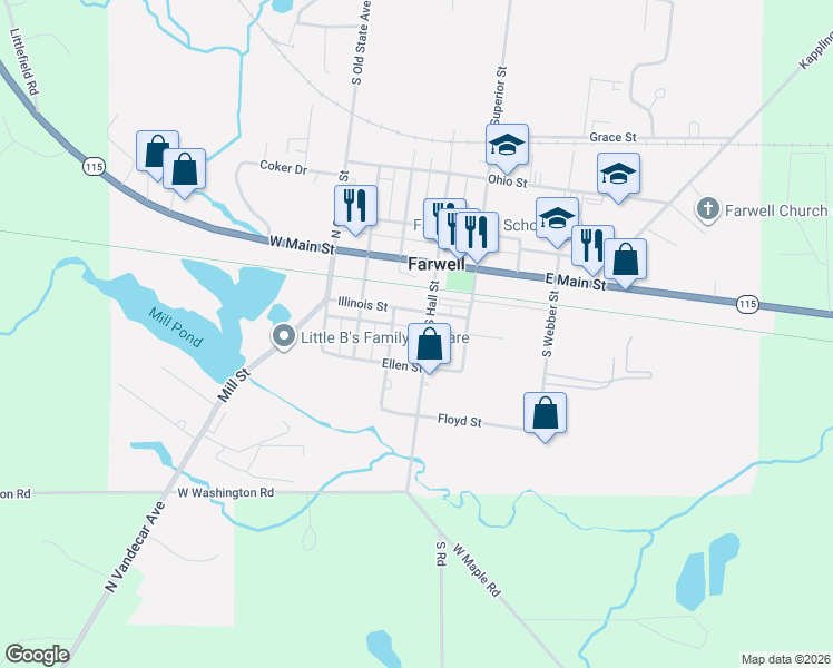 map of restaurants, bars, coffee shops, grocery stores, and more near 255 South Hayes Street in Farwell