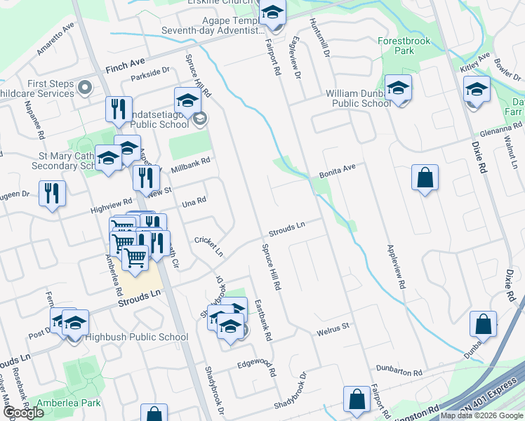 map of restaurants, bars, coffee shops, grocery stores, and more near 1867 Spruce Hill Road in Pickering