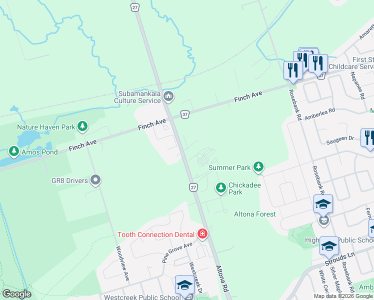map of restaurants, bars, coffee shops, grocery stores, and more near 1965 Altona Road in Pickering