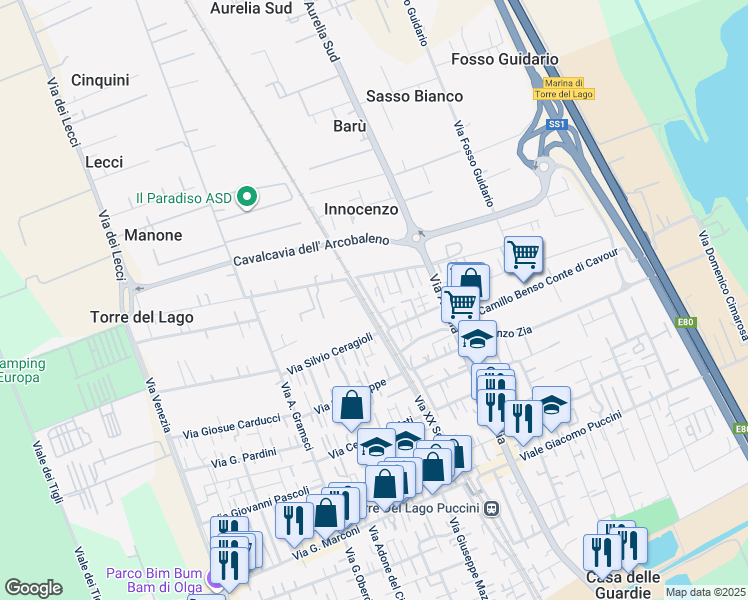 map of restaurants, bars, coffee shops, grocery stores, and more near 68 Via Guido Rossa in Torre del Lago Puccini