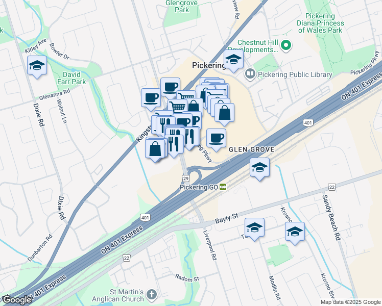 map of restaurants, bars, coffee shops, grocery stores, and more near 1305 Pickering Parkway in Pickering