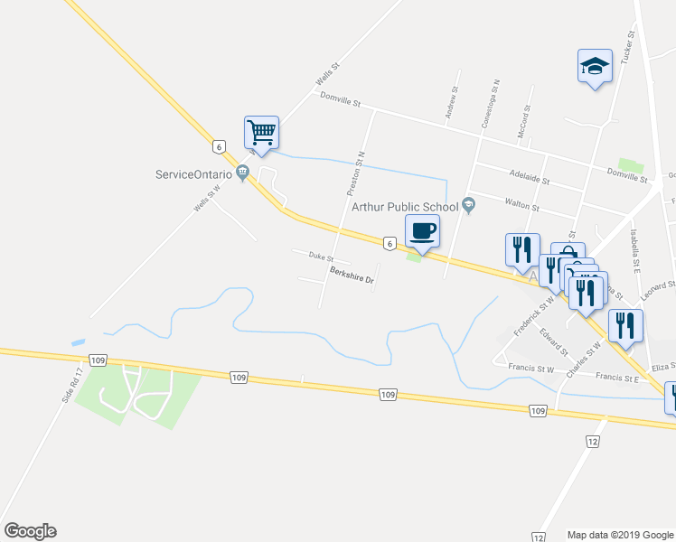 map of restaurants, bars, coffee shops, grocery stores, and more near 117 Berkshire Drive in Arthur
