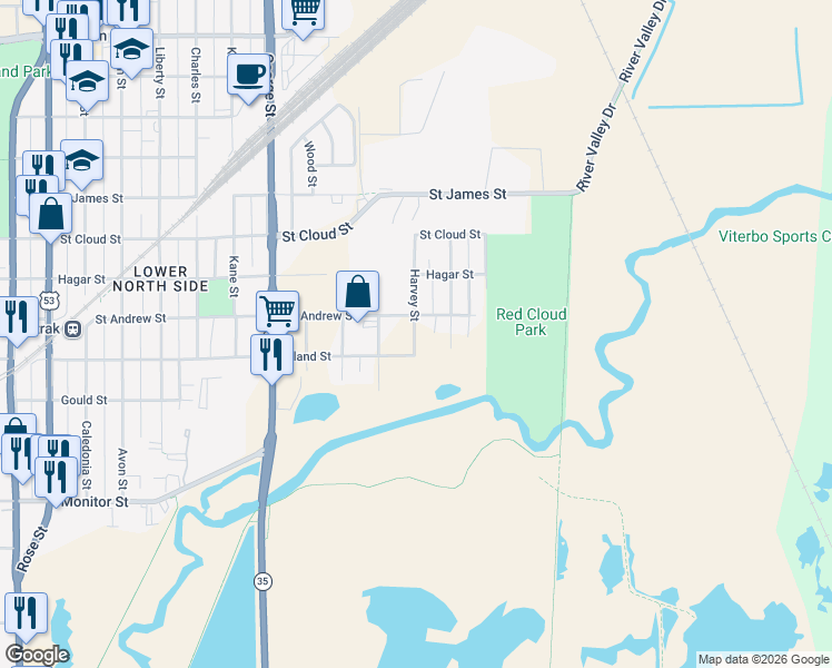 map of restaurants, bars, coffee shops, grocery stores, and more near 513 Harvey Street in La Crosse