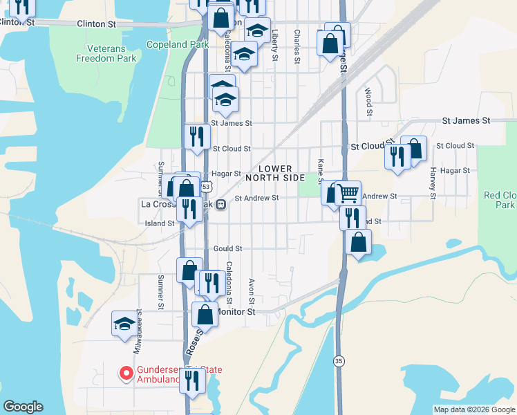 map of restaurants, bars, coffee shops, grocery stores, and more near 518 Avon Street in La Crosse