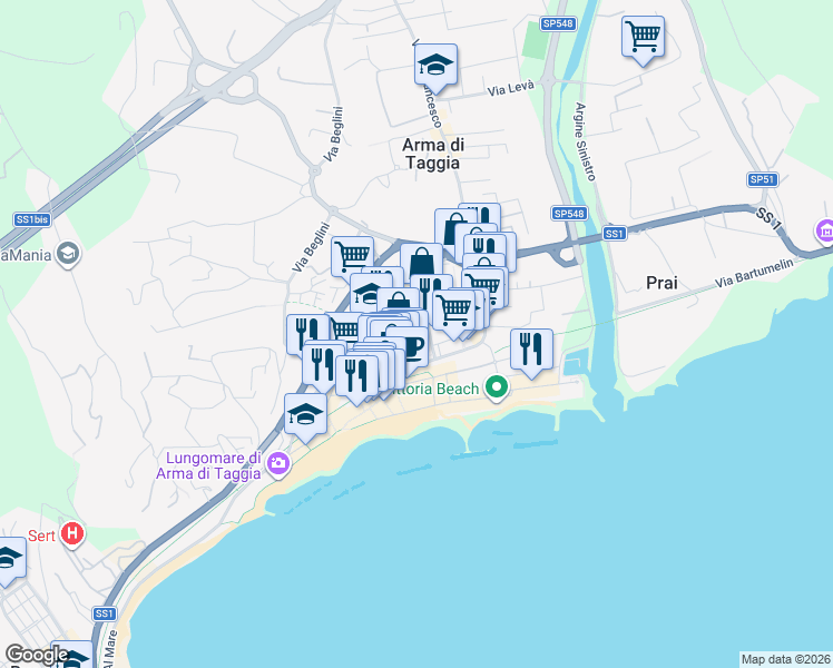 map of restaurants, bars, coffee shops, grocery stores, and more near 17 Via della Cornice in Taggia