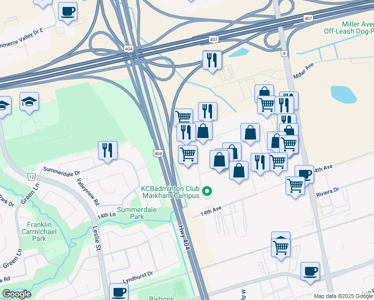 map of restaurants, bars, coffee shops, grocery stores, and more near 210 Shields Court in Markham