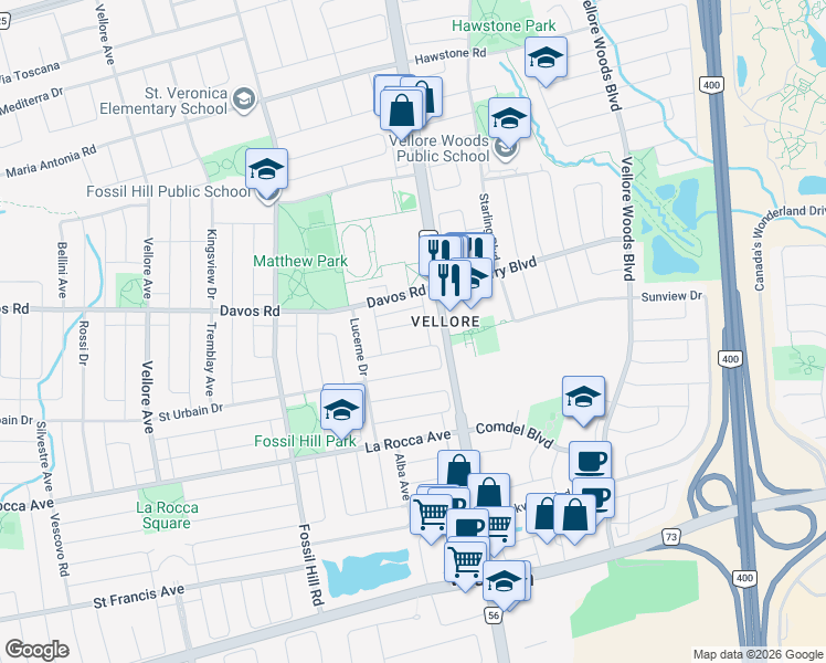 map of restaurants, bars, coffee shops, grocery stores, and more near in Vaughan