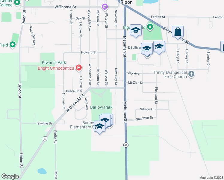 map of restaurants, bars, coffee shops, grocery stores, and more near 203 East Griswold Street in Ripon