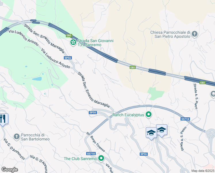 map of restaurants, bars, coffee shops, grocery stores, and more near 122 Strada San Giovanni in Provincia di Imperia