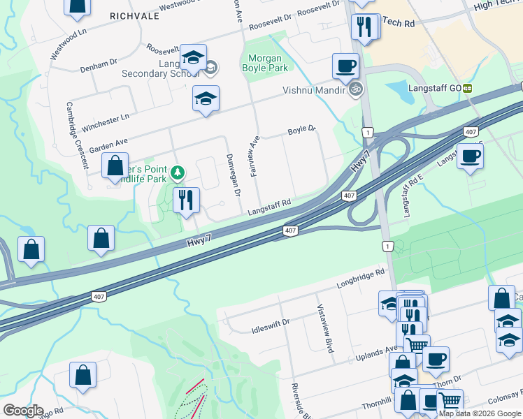 map of restaurants, bars, coffee shops, grocery stores, and more near Langstaff Road West in Richmond Hill