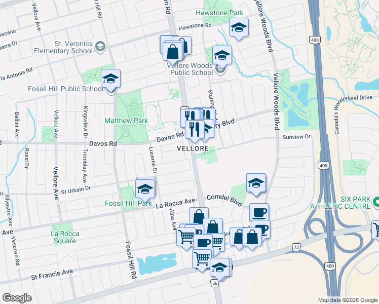 map of restaurants, bars, coffee shops, grocery stores, and more near 9532 Weston Road in Vaughan