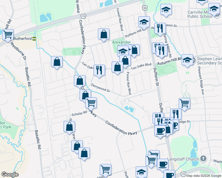 map of restaurants, bars, coffee shops, grocery stores, and more near 76 Derrywood Drive in Vaughan