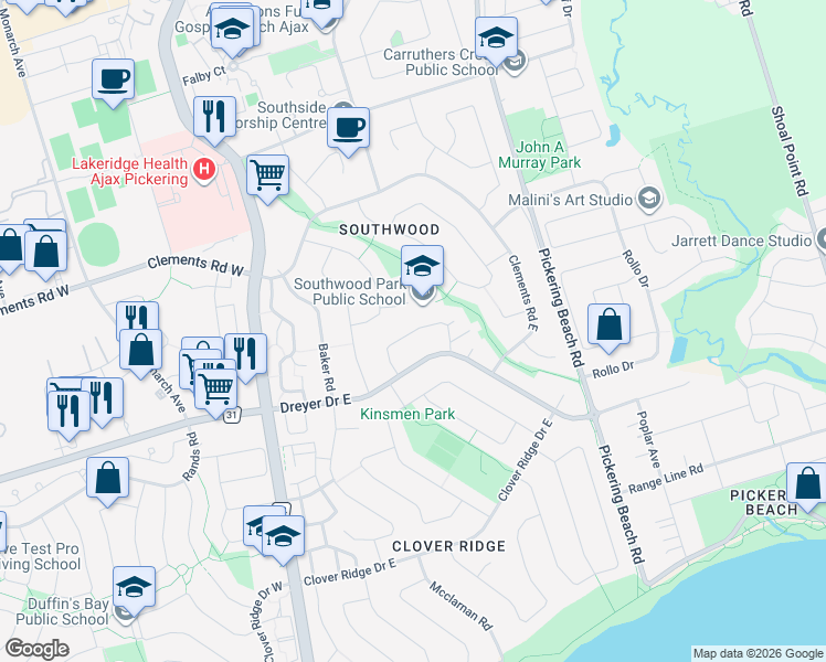 map of restaurants, bars, coffee shops, grocery stores, and more near Lambard Crescent in Ajax