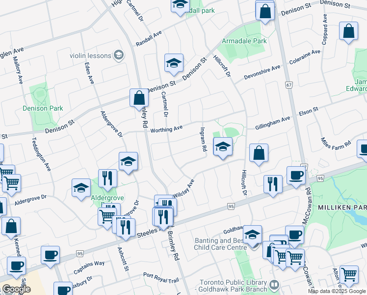 map of restaurants, bars, coffee shops, grocery stores, and more near 14 Dynasty Drive in Markham