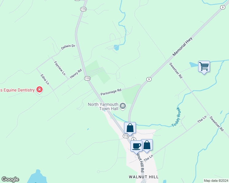 map of restaurants, bars, coffee shops, grocery stores, and more near 19 Parsonage Road in North Yarmouth