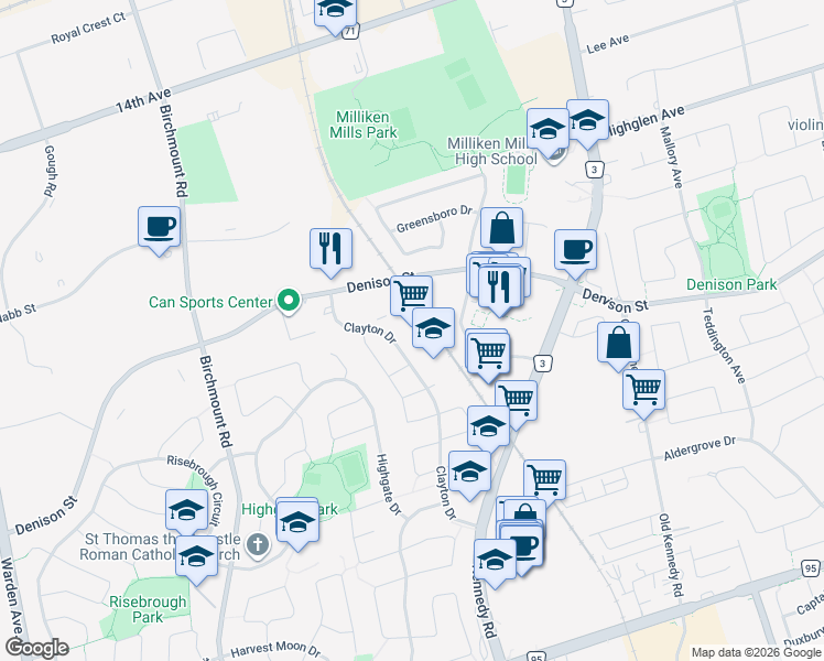 map of restaurants, bars, coffee shops, grocery stores, and more near 195 Clayton Drive in Markham