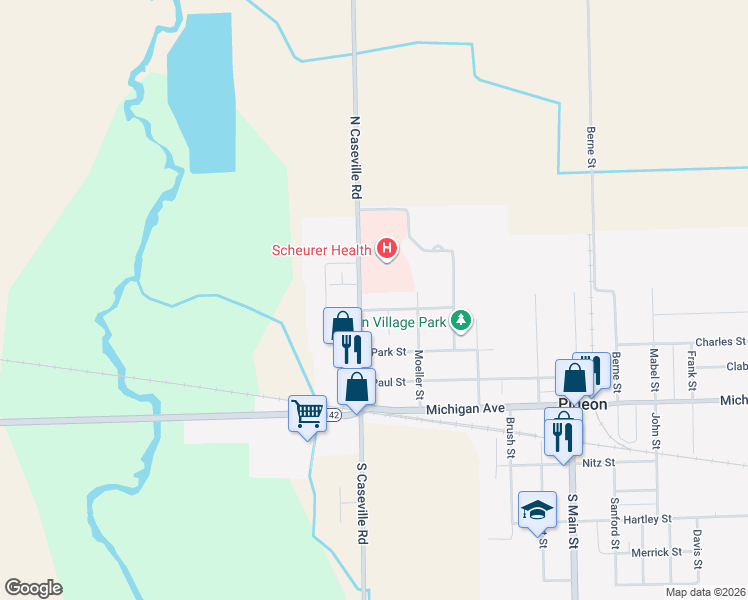 map of restaurants, bars, coffee shops, grocery stores, and more near 7478-7498 Bliss Street in Pigeon