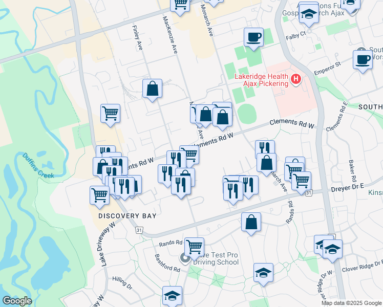 map of restaurants, bars, coffee shops, grocery stores, and more near 295 Clements Road West in Ajax