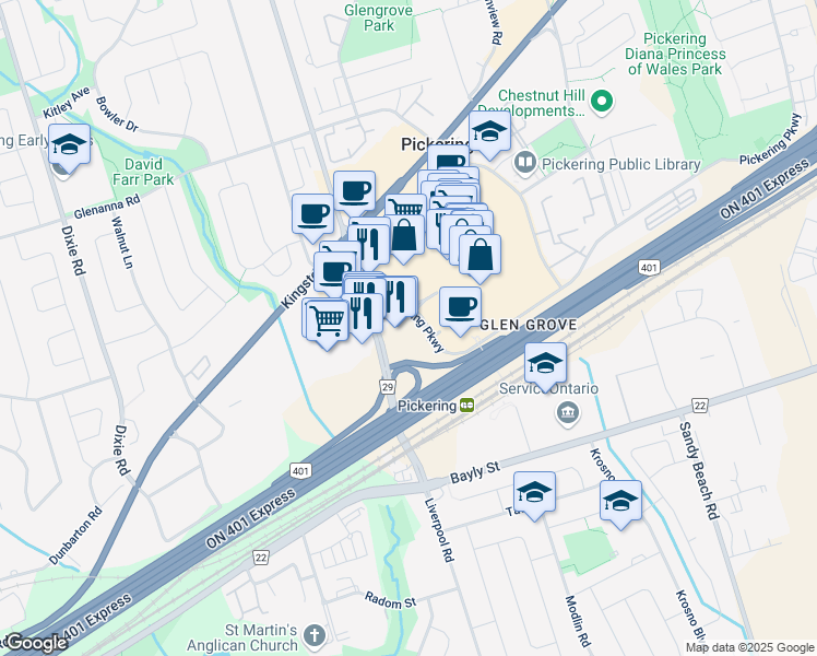 map of restaurants, bars, coffee shops, grocery stores, and more near 1315 Pickering Parkway in Pickering