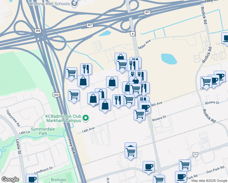 map of restaurants, bars, coffee shops, grocery stores, and more near 110 Konrad Crescent in Markham