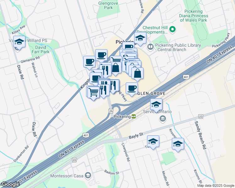 map of restaurants, bars, coffee shops, grocery stores, and more near 1315 Pickering Parkway in Pickering