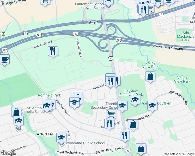 map of restaurants, bars, coffee shops, grocery stores, and more near 36 Jondan Crescent in Markham