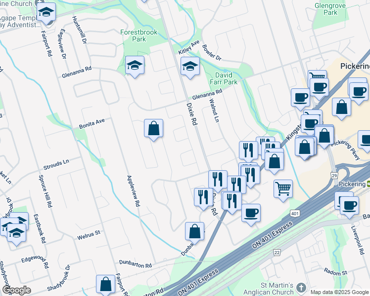 map of restaurants, bars, coffee shops, grocery stores, and more near in Pickering