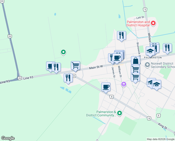 map of restaurants, bars, coffee shops, grocery stores, and more near 395 Bell Street in Palmerston