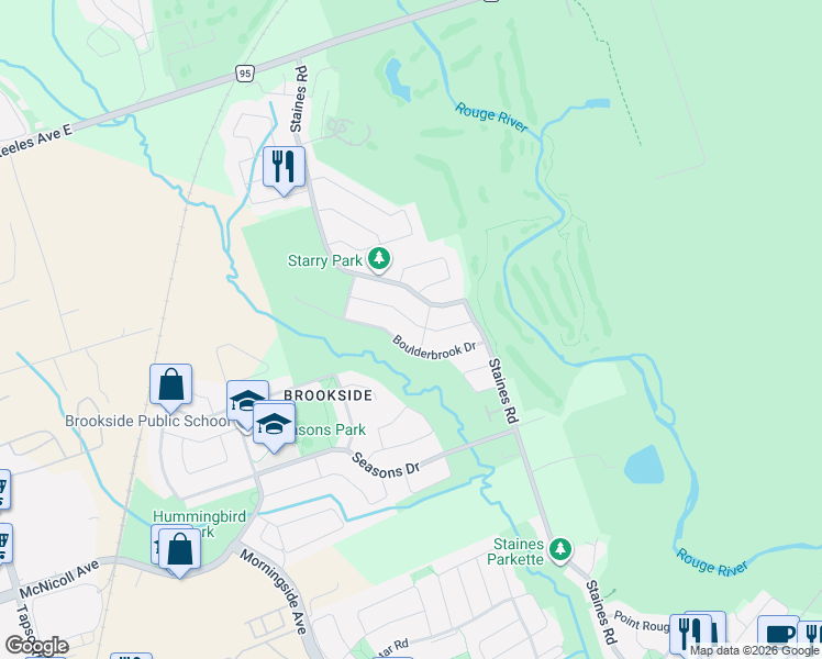 map of restaurants, bars, coffee shops, grocery stores, and more near 37 Rivendell Trail in Toronto