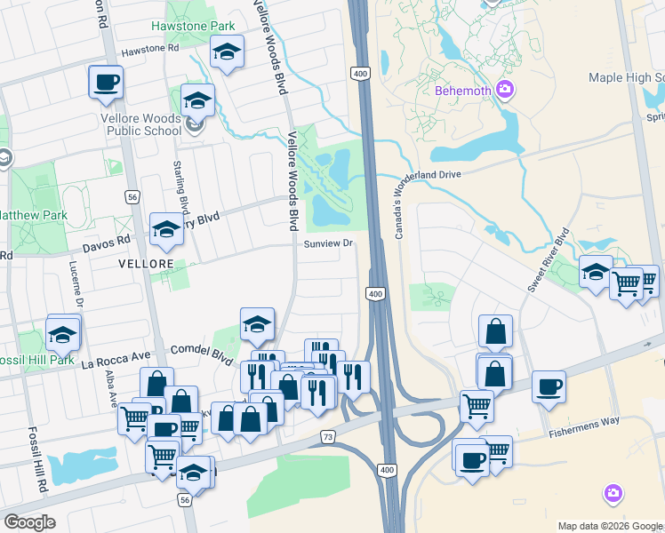 map of restaurants, bars, coffee shops, grocery stores, and more near 43 Shadetree Crescent in Vaughan