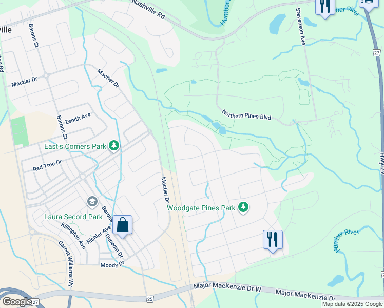 map of restaurants, bars, coffee shops, grocery stores, and more near 391 Woodgate Pines Drive in Vaughan