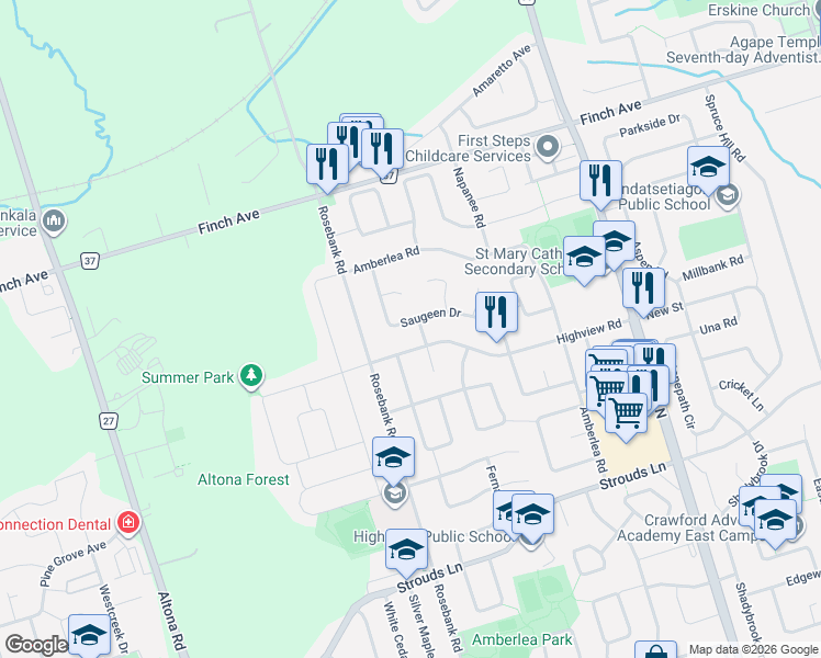 map of restaurants, bars, coffee shops, grocery stores, and more near 1554 Saugeen Drive in Pickering