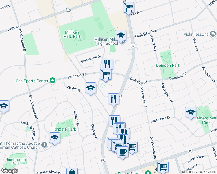 map of restaurants, bars, coffee shops, grocery stores, and more near 1661 Denison Street in Markham