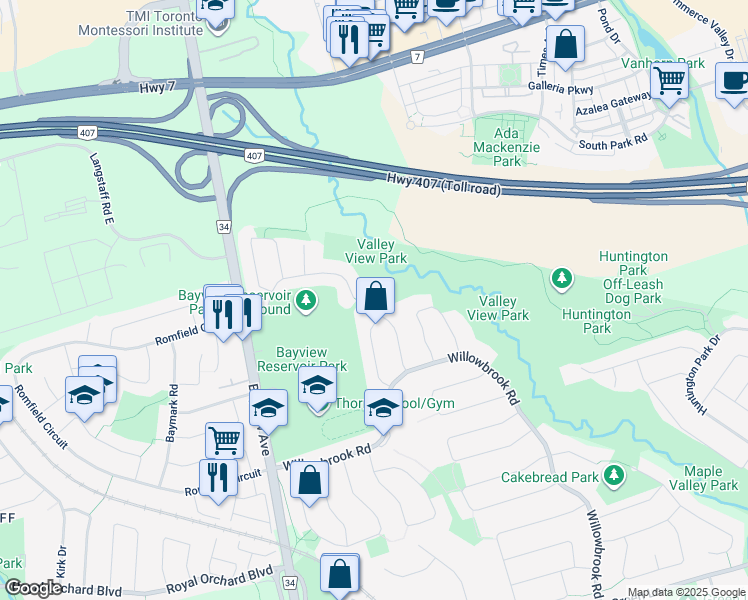 map of restaurants, bars, coffee shops, grocery stores, and more near 39 Abraham Avenue in Markham