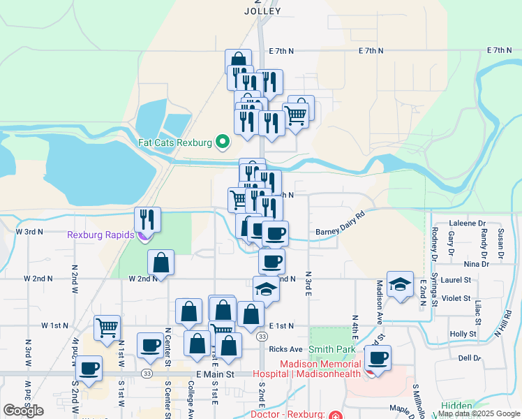map of restaurants, bars, coffee shops, grocery stores, and more near 345 N 2nd E St in Rexburg