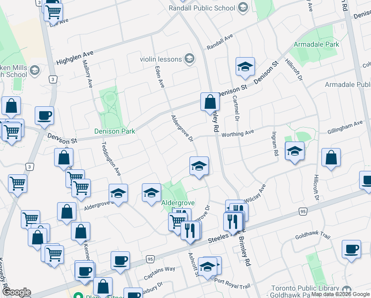map of restaurants, bars, coffee shops, grocery stores, and more near 121 Digby Crescent in Markham