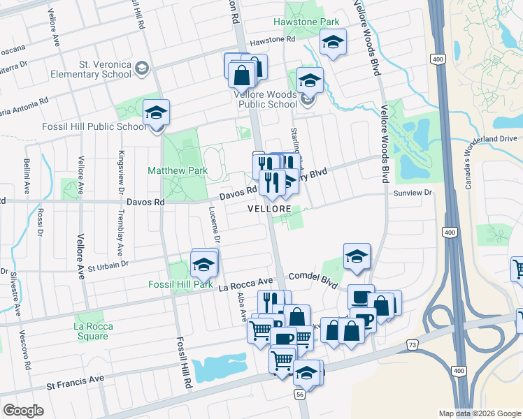map of restaurants, bars, coffee shops, grocery stores, and more near in Vaughan