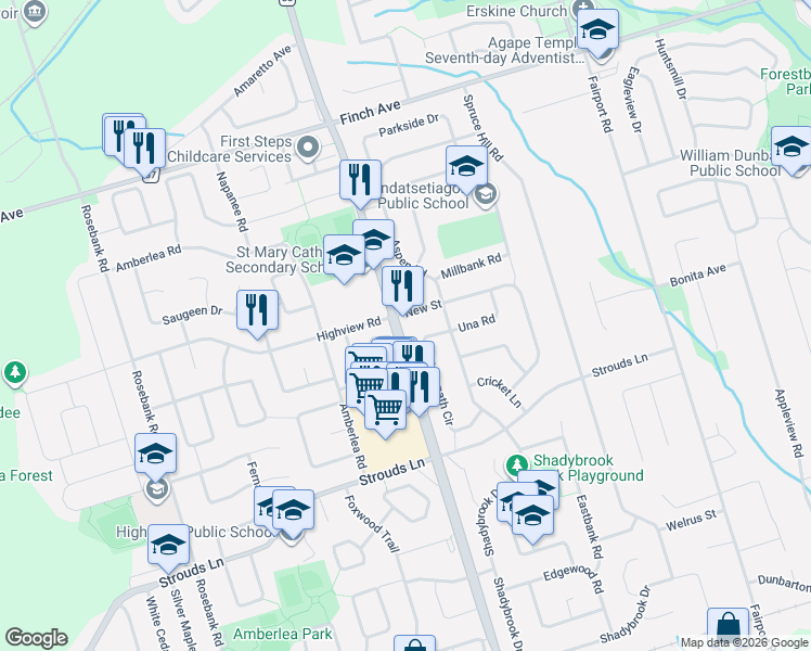 map of restaurants, bars, coffee shops, grocery stores, and more near 1573 Arcadia Square in Pickering