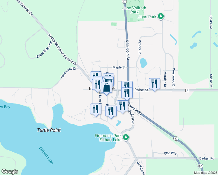 map of restaurants, bars, coffee shops, grocery stores, and more near 100 East Rhine Street in Elkhart Lake