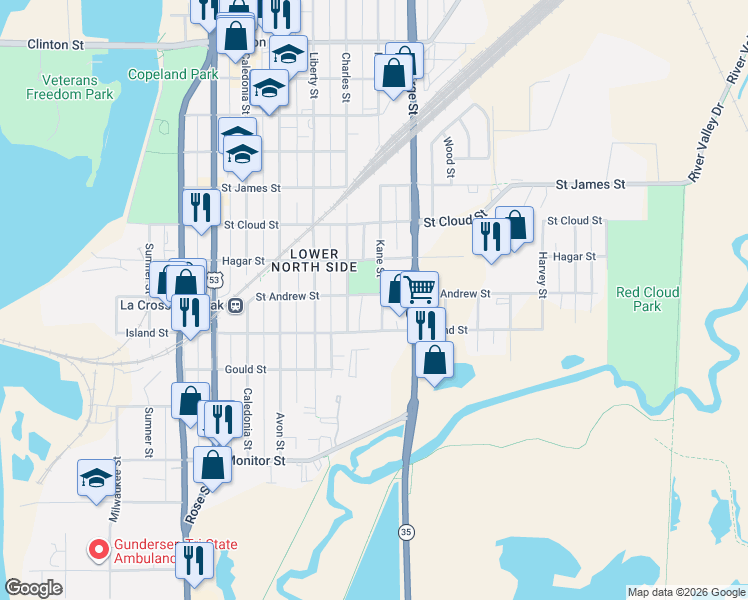 map of restaurants, bars, coffee shops, grocery stores, and more near 1012 Saint Andrew Street in La Crosse